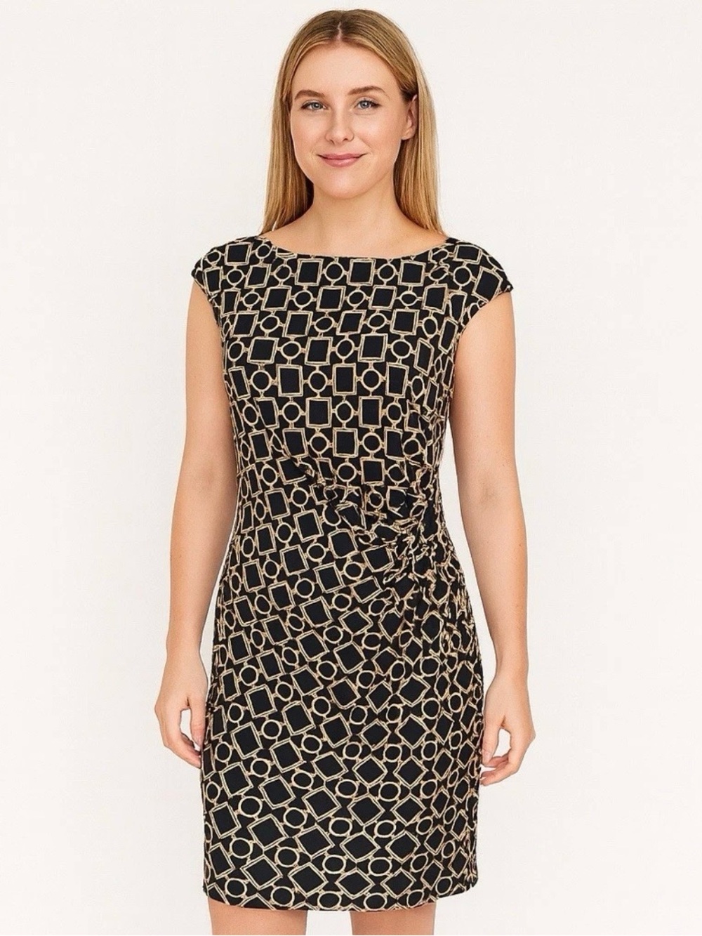 Lauren Ralph Lauren Dress Black Tan Geometric Ruched Sheath Size 12